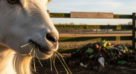 Close-up of a white goat eating in the countryside.の素材