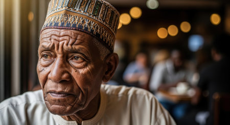 Elderly man sitting in a restaurant and looking at the cameraの素材