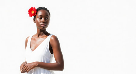 Portrait of a beautiful young African woman with red flower in her hairの素材