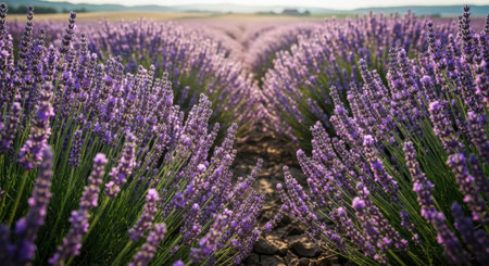 Lavender field in Provence, France. Lavender flowers blooming at sunset.の素材