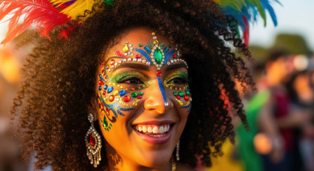 Portrait of african american woman with afro hairstyle at brazilian carnivalの素材