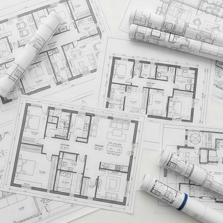 Architectural plans and rolls of blueprints on a white backgroundの素材