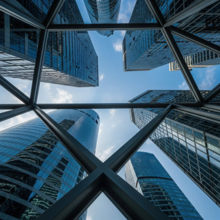 Reflection of modern skyscrapers in glass wall, Hong Kongの素材