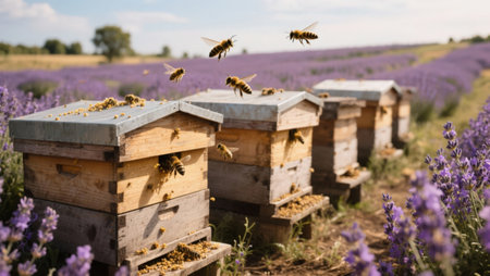 Honey bees flying over wooden beehives in lavender fieldの素材