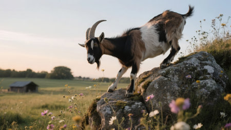 Goat on a rock in the meadow with daisiesの素材