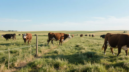 Herd of cows grazing in the field on a sunny day.の素材