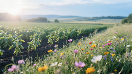 Soybean field with blooming flowers at sunset in summer.の素材