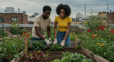 African american couple working together in a vegetable garden - Young adults gardening togetherの素材