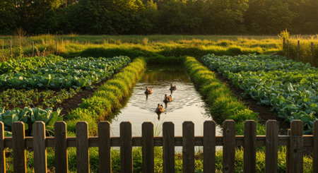 Swimming ducks in a canal in the netherlands at sunsetの素材