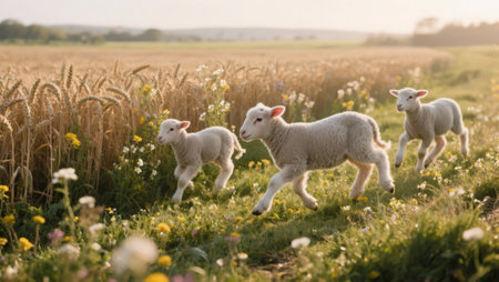 Cute little lambs running through a wheat field in the countrysideの素材