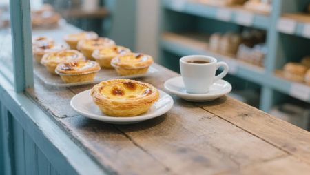 Egg tart with cup of coffee on wooden table, stock photoの素材