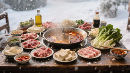 Korean hot pot with meat, vegetables and spicy sauce in winterの素材