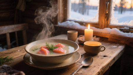 Smoked salmon soup in a bowl on a wooden table near the window in winterの素材