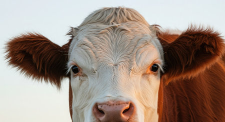 Portrait of a cow in the field, close-up.の素材