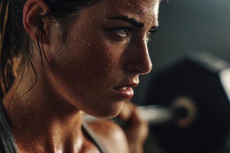 Close up portrait of a beautiful sporty woman with sweat on her face.の素材