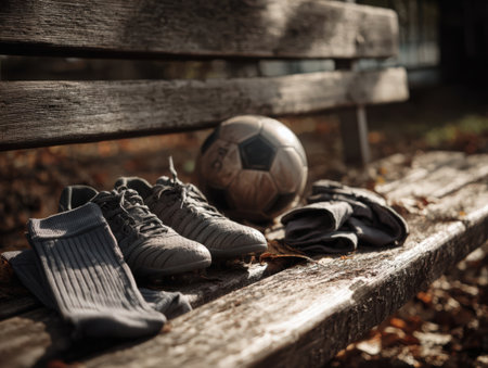 Sneakers and soccer ball on a bench in an autumn parkの素材