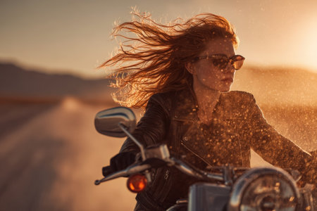 Biker girl in leather jacket and sunglasses riding a motorcycle on country roadの素材