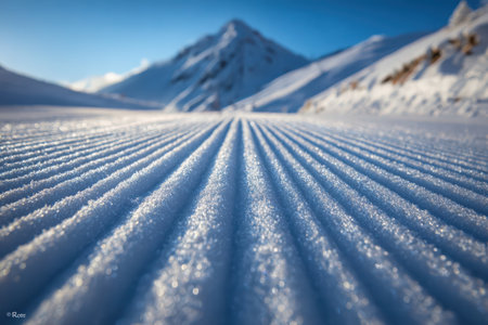 Ski tracks in the snow. Beautiful winter landscape with mountains and blue sky.の素材