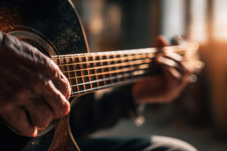 Close up of a man playing guitar in the living room at homeの素材