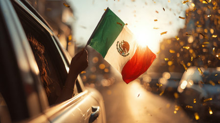 Woman with Mexican flag waving from the car window. Mexico travel concept.の素材