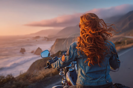 Rear view of a young woman riding a motorcycle on the road at sunsetの素材