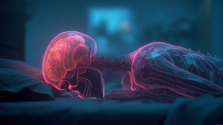 3d illustration of human brain anatomy over dark background with vignetteの素材