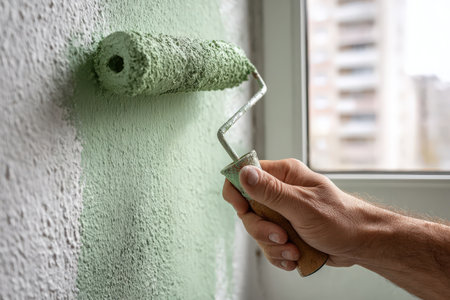 Man paints the wall with a paint roller, close-up.の素材