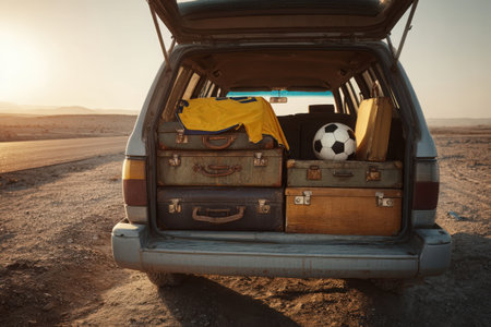 Vintage suitcase and soccer ball in the back of a car.の素材