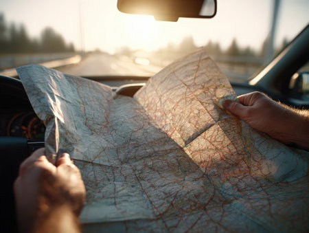Close-up of a man's hand holding a map while drivingの素材