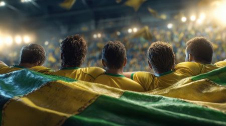 Rear view of soccer fans watching football match on stadium. Rear view of soccer fans sitting on tribune and holding flagの素材