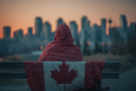 A man in a hood sits on a bench and looks at the Canada flag.の素材