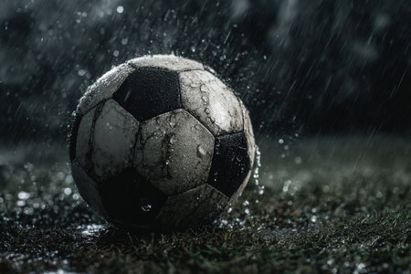 Soccer ball on the grass under the rain. Selective focus.の素材