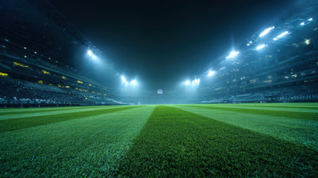 Soccer stadium at night with bright lights and green grass field.の素材