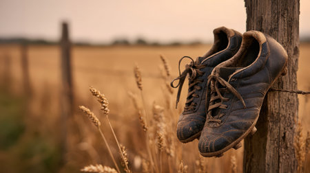 A pair of old sneakers on a wooden post in a wheat fieldの素材