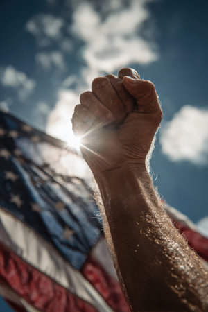 Close-up of a man's fist on a background of the American flagの素材