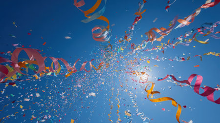Colorful confetti and ribbons fly in the blue sky.の素材