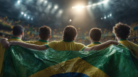 Soccer fans in the stands of the stadium with a flag of Brazilの素材