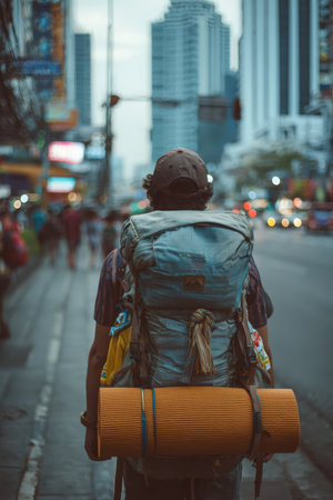 Traveler with backpack on the street in Bangkok,Thailand.の素材