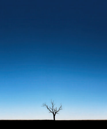 Silhouette of a bare tree in the desert against a blue skyの素材