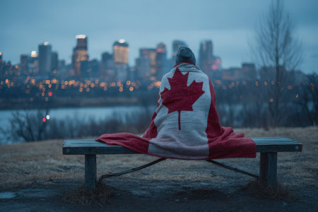 A man with a Canadian flag wrapped in a blanket sits on a bench in the park.の素材