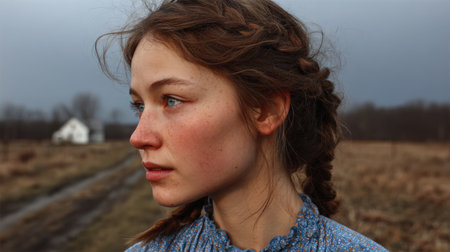portrait of a young girl with freckles on her faceの素材