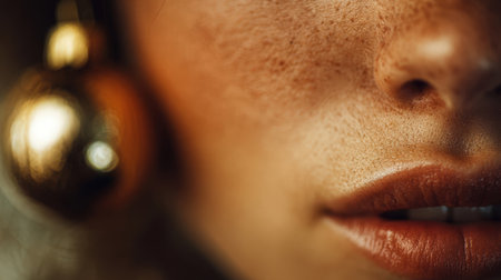 Close up of a woman's lips with a golden Christmas ornament.の素材