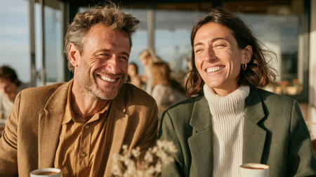 Portrait of happy mature couple sitting in cafe and laughing. They are looking at camera and smilingの素材