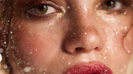 Closeup portrait of a beautiful young woman with glitter on her faceの素材