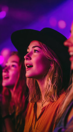 Portrait of smiling girl in hat standing with friends at music festivalの素材