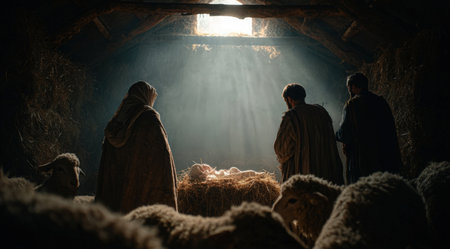 Nativity Scene with Jesus Christ and Joseph in the barnの素材