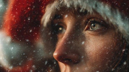 Portrait of a beautiful girl in a red cap of Santa Clausの素材