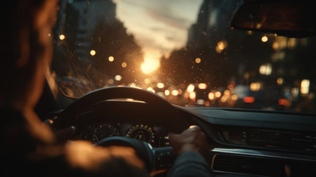 Driving in the evening city. View from inside the car.の素材