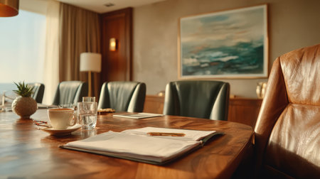 Interior of a hotel room with a wooden table and chairs.の素材