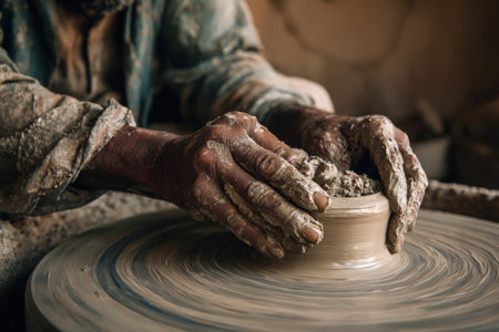 hands of a potter, creating an earthen jar on the circleの素材